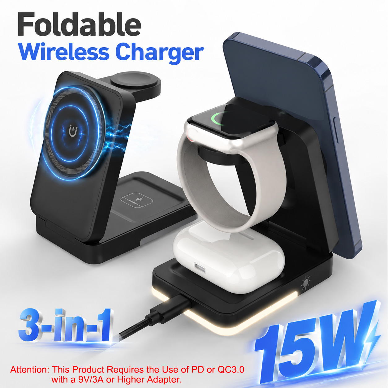 Smartwatch Ac - Caricatore Wireless Pieghevole 3-in-1 15W, Caricatore
